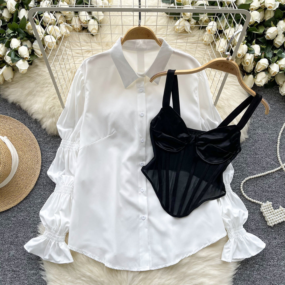 French court style high-end petite set: petal sleeve blouse + fishbone design camisole bandeau top