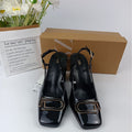 Za2023 autumn new collection: square-toe, g-shaped rhinestone buckle, gold chunky heel, fashionable women's export sandals & high heels