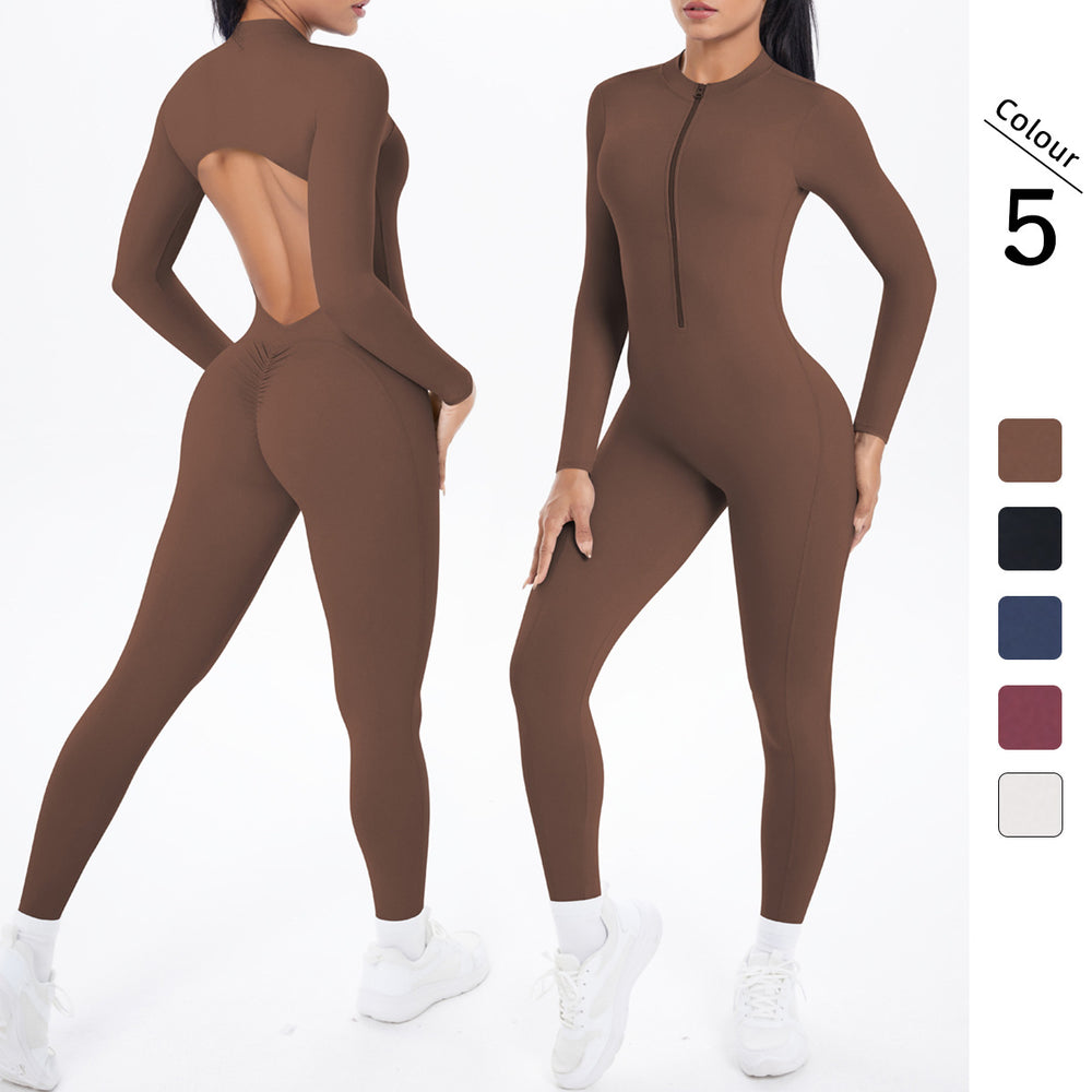New arrival cross-border double-sided brocade pure color beautiful back cut outlong sleeves jumpsuit sports running fitness yoga wear jumpsuit
