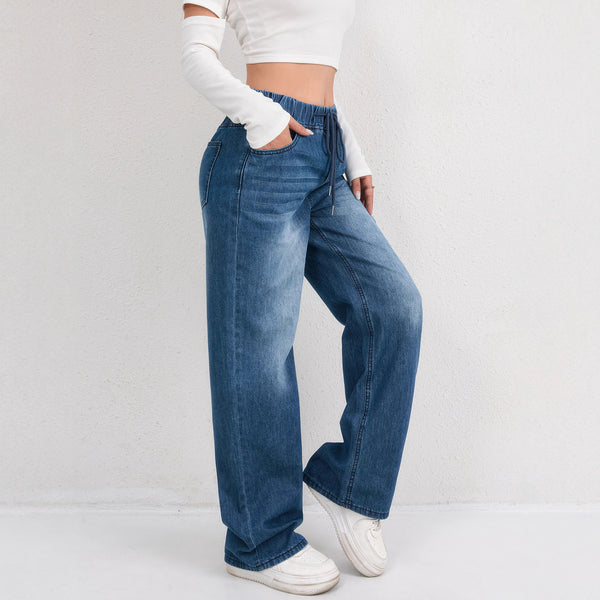 Women's high-waisted large-size women's clothing, new loose drawstring, wide-leg washing, comfortable women's jeans, popular extension
