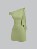 European and american style hot girl cross-border new solid color one-shoulder sleeveless patchwork tie-up bodycon mini dress for women