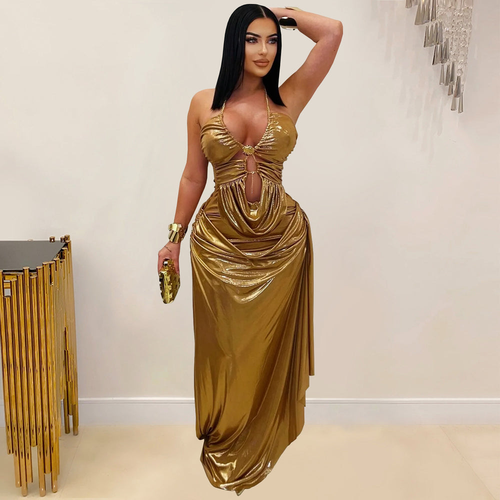 C7491 cross-border   fashion women's sexy halter gold chain ruched sleeveless dress