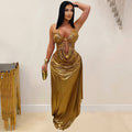 C7491 cross-border   fashion women's sexy halter gold chain ruched sleeveless dress