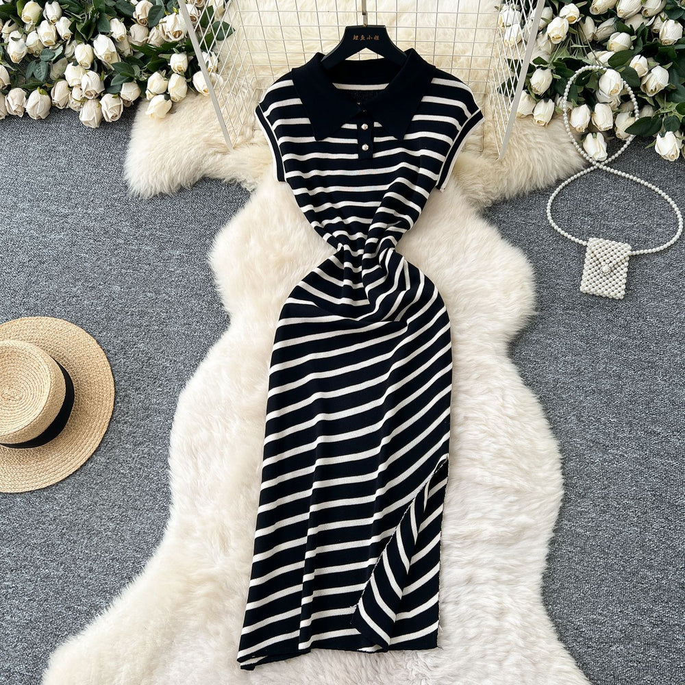 Korean chic summer dress: niche retro polo collar short sleeve striped midi dress - women's slim fit, elegant slit design
