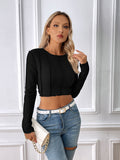 Export cross-border european and american clothing  fall and winter new arrival silmshortcrop top exposed stitching long sleeves t-shirt