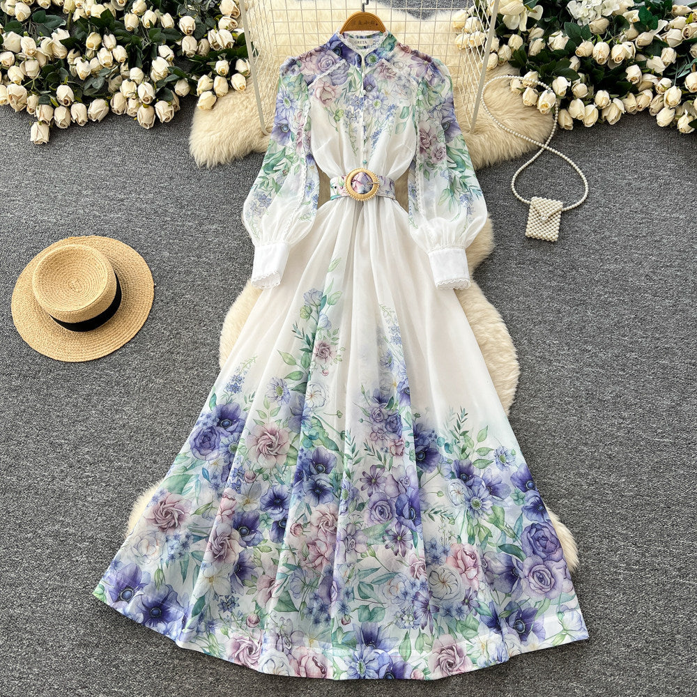 Vacation-style floral print slim-fit dress for women, perfect for spring. long-sleeved, high-waisted, and a-line silhouette. ideal for both work and everyday elegance