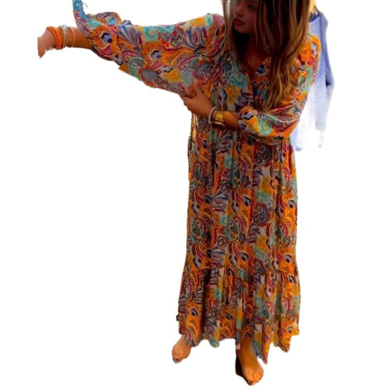 european and american export cross-border new print v-neck long sleeve casual dress for women
