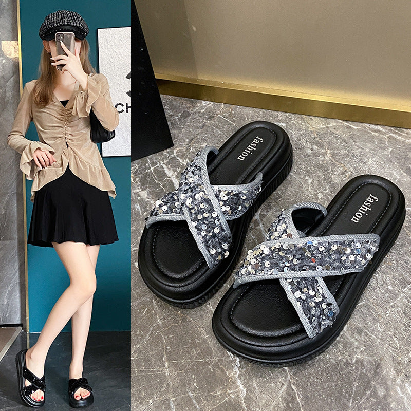 Sequin criss-cross slides - women's summer new arrivals, perfect with skirts, trendy influencer style, chanel-inspired chunky sole sandals
