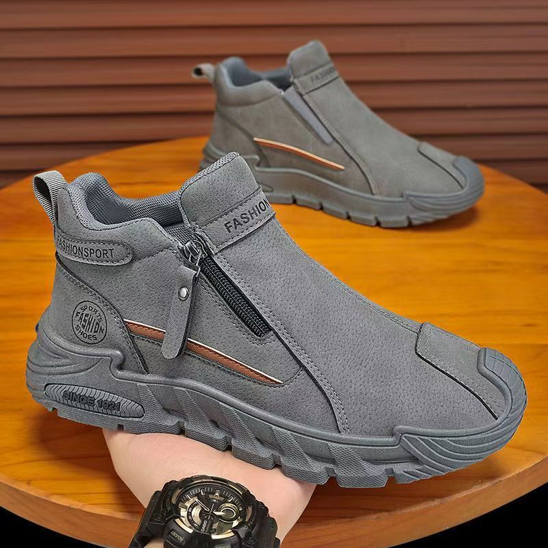 2025 autumn new trendy men's shoes zipper slip-on non-slip thick sole outdoor work boots martin style fashion shoes