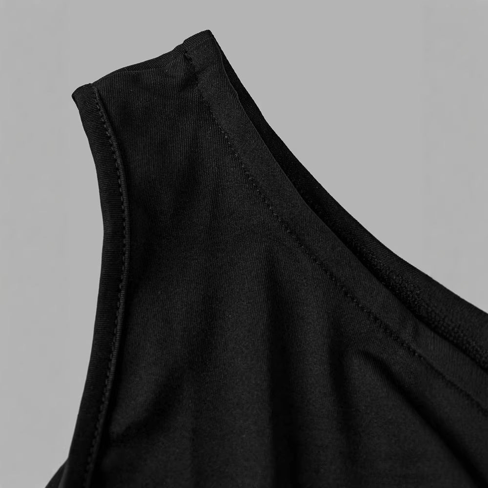 Girls' summer fashion sweet & chic black & white color block asymmetrical one-shoulder ruched waist wave dress