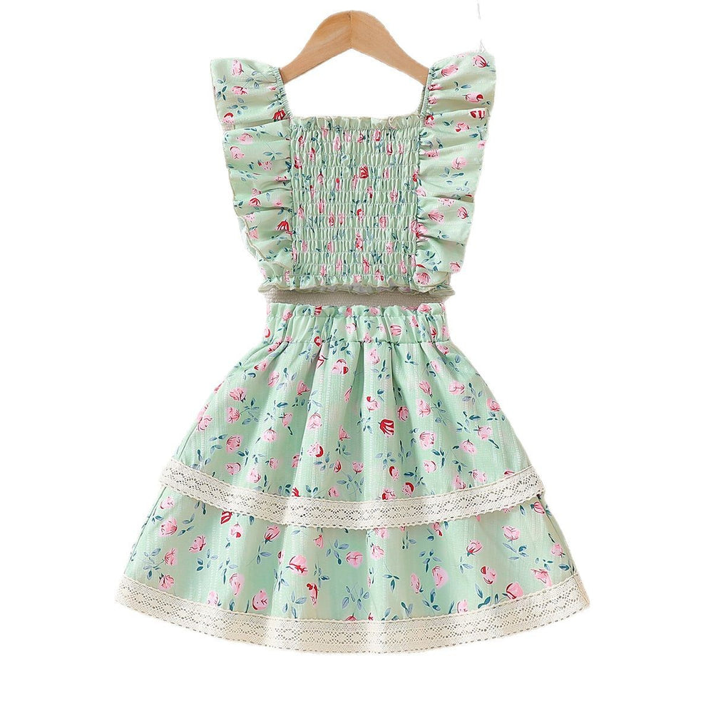 girl skirt suitfrench flying sleeve small floral green cake skirt summerkids skirt two-piece set