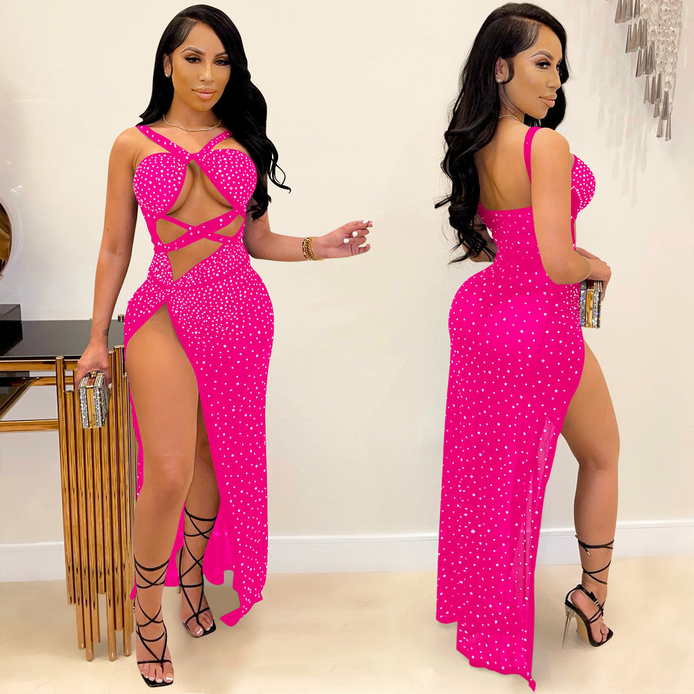 X5349 cross-border new arrival: fashionable european and american style nightclub mesh rhinestone sexy spaghetti strap cutout slit maxi dress