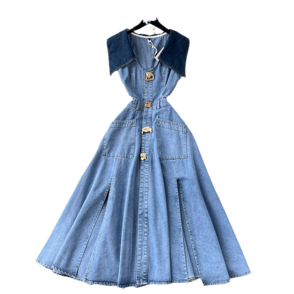 Sense of design large lapel sleeveless vest dress female heart cut out exposed waist silmlongchinese ancient style denim dress female