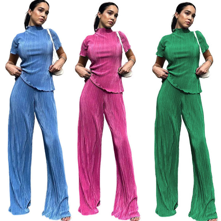 Amazon women's  spring new solid color double-layer pleated slim-fit casual short-sleeve two-piece activewear set
