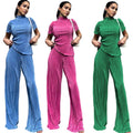 Amazon women's  spring new solid color double-layer pleated slim-fit casual short-sleeve two-piece activewear set