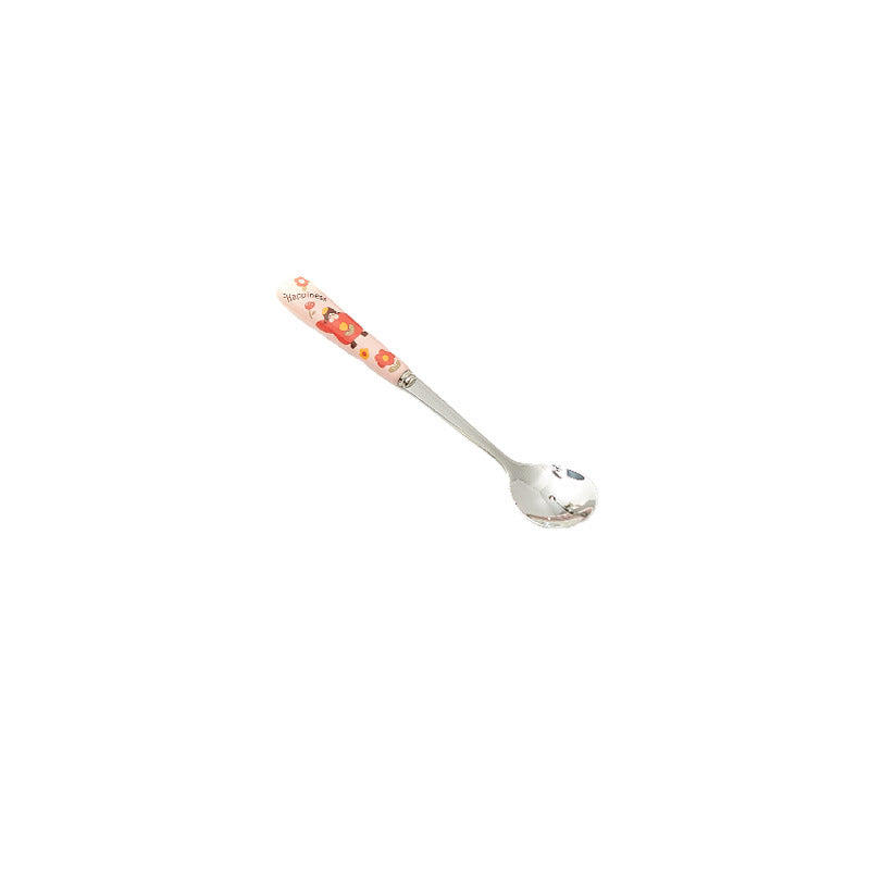 Cartoon girl ceramic handle high-temperature resistant anti-scald fork and spoon set, premium stainless steel cutlery, steak knife and fork