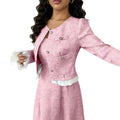 European and american cross-border  sakura pink chanel-inspired two-piece women's outfit: round neck a-line midi skirt with ruffle trim dress