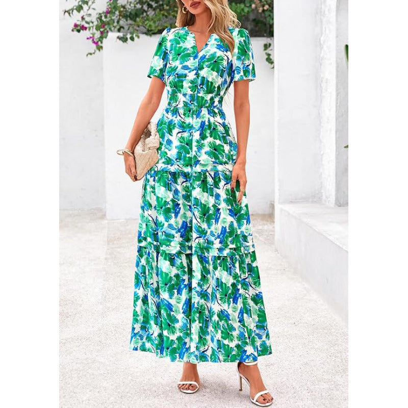 european and american retro floral short-sleeve v-neck dress - women's  summer new arrival a-line flowy vacation dress