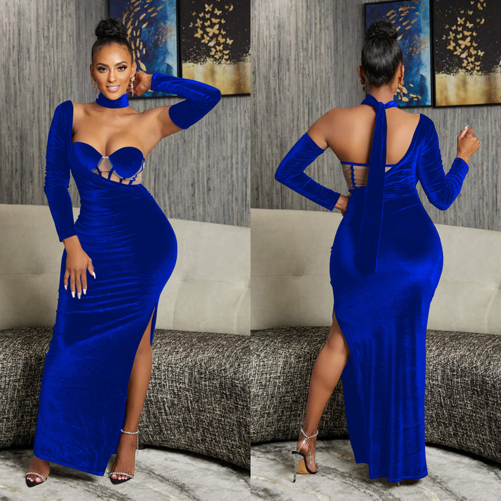 X6652 cross-border   fashion women's solid color bandeau gloves dress long gown dress