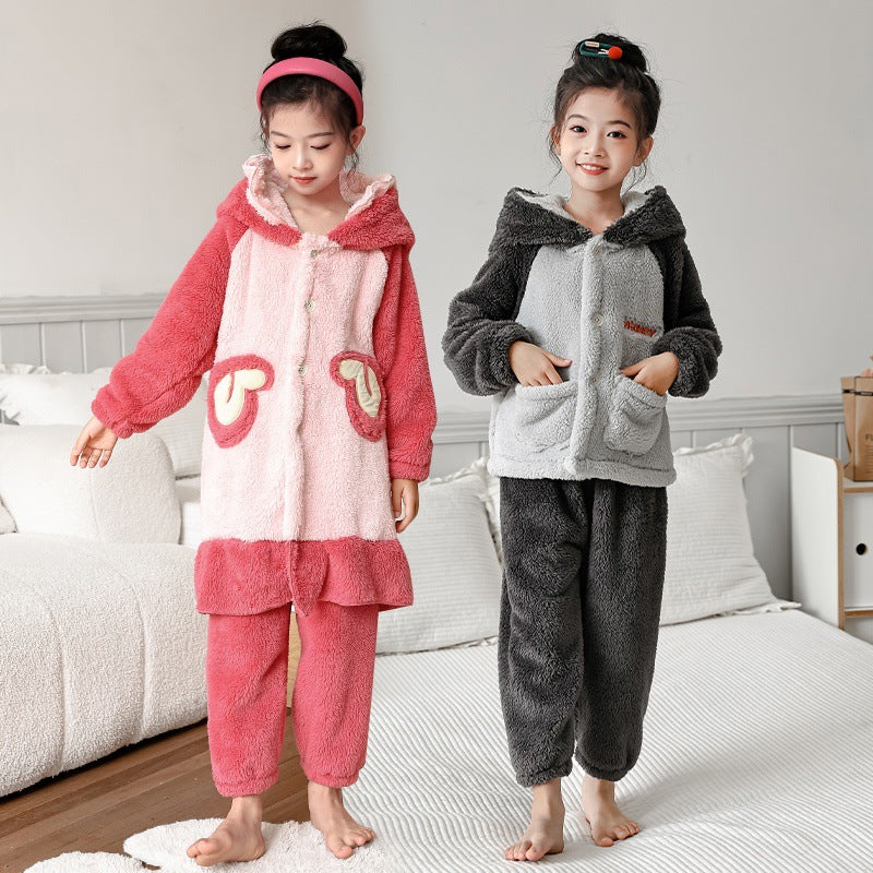 Girls' cartoon strawberry bear hooded pajamas - winter home wear two-piece set - warm, fleece-lined, and extra thick (sizes for toddlers to big kids)