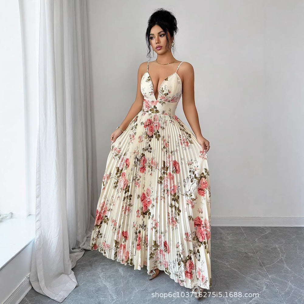european and american women's clothing:  summer new arrivals -  cross-border floral print dress, elegant vacation style