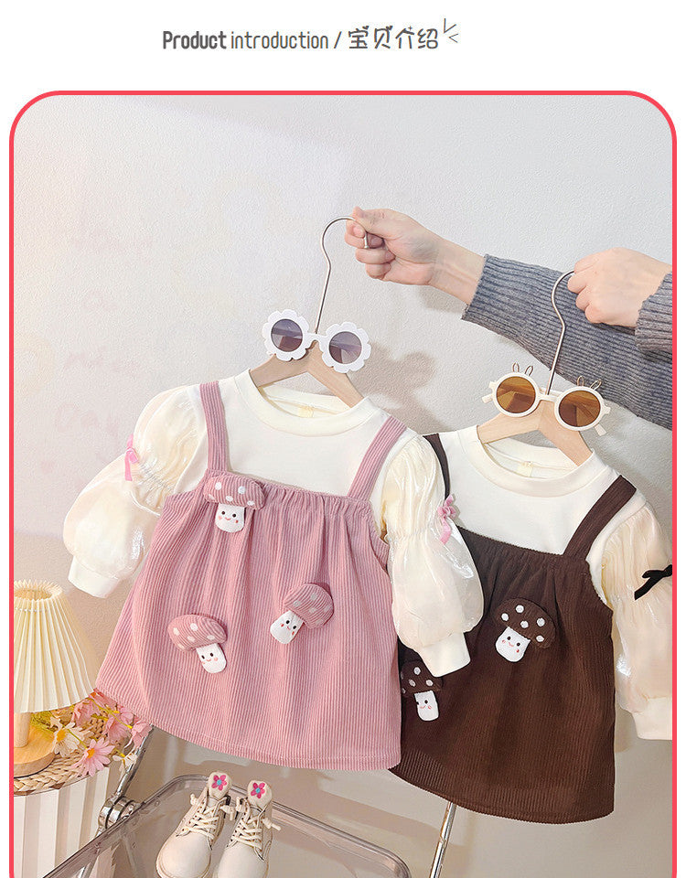 Kids cute dressspringnew arrivalfashion style korean version little girl outwearfake two-piece suspender patchwork skirt