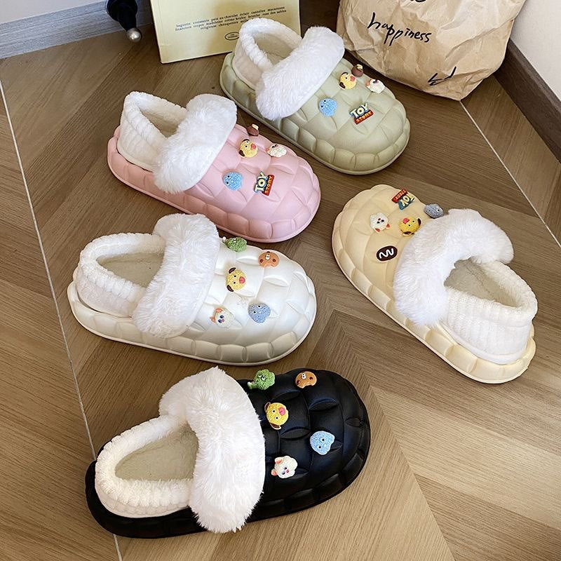2025 women's winter slippers: cute cartoon design, thick sole, fleece lined, non-slip, wear-resistant, warm, detachable waterproof cotton shoes