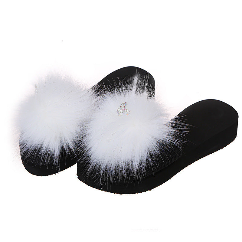 Spring/summer new women's european and american fashion faux fox fur slippers korean style outdoor one-strap slides home furry fur slippers