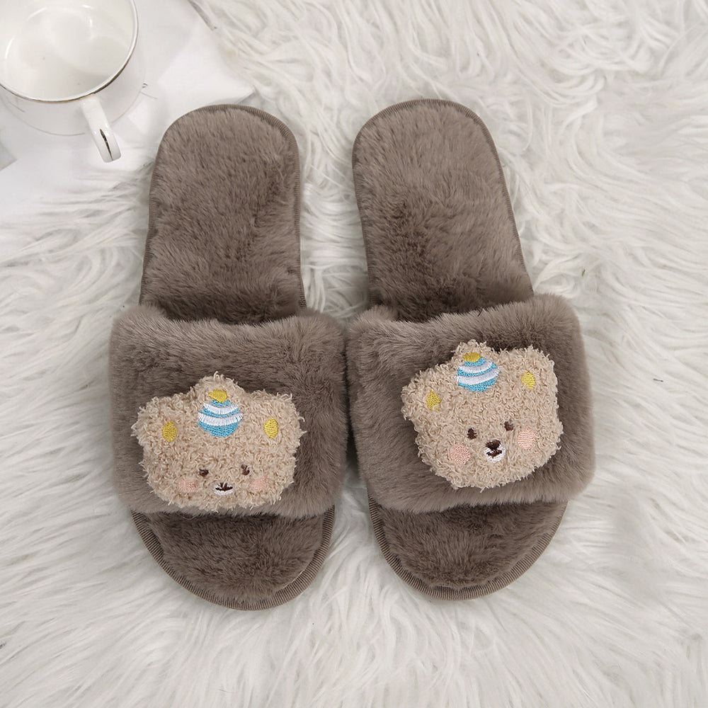 Trendy cute bear flat cotton slippers for women - 2024 autumn/winter new arrival - adorable warm one-strap fuzzy slippers