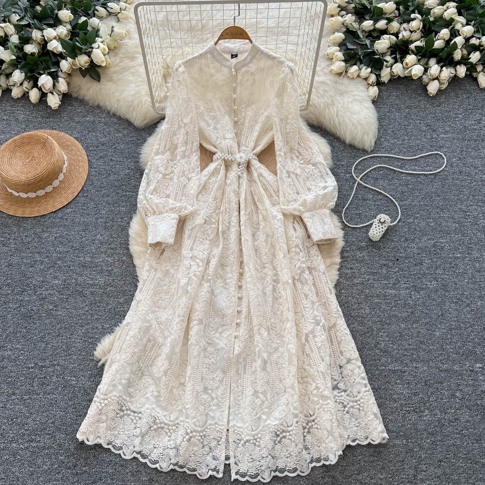 French retro court style beaded single-breasted tie-waist embroidered mesh dress - women's elegant maxi dress