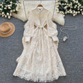 French retro court style beaded single-breasted tie-waist embroidered mesh dress - women's elegant maxi dress