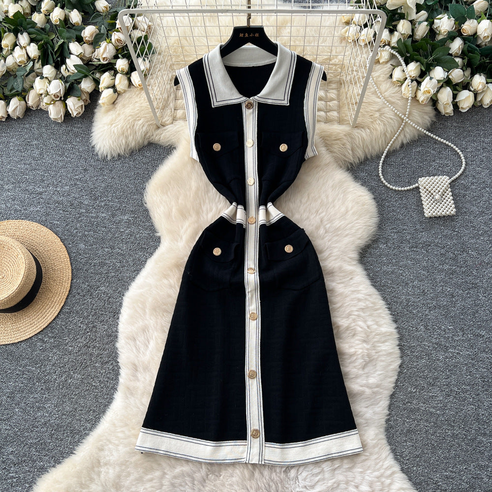 Xiaoxiangfeng sweaterdress women's winter  new arrivalfrenchretrofashioncontrast color metal buckle waist long skirt
