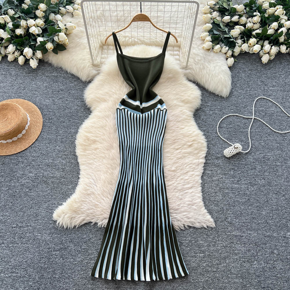 European and american high-end striped knit cami dress - women's summer slimming, figure-flattering, unique, stunning maxi dress