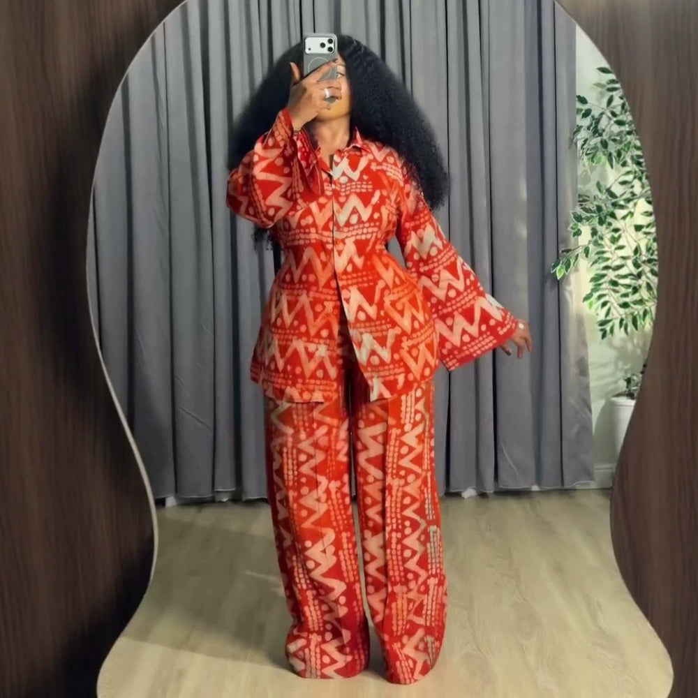 European and american cross-border women's fashion:  summer new collection - stylish printed long-sleeve shirred blouse and high-waisted wide-leg pants set