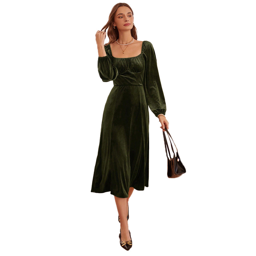 european and american women's clothing  fall/winter new collection: french retro slim-fit square neck a-line long sleeve velvet dress