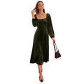 european and american women's clothing  fall/winter new collection: french retro slim-fit square neck a-line long sleeve velvet dress