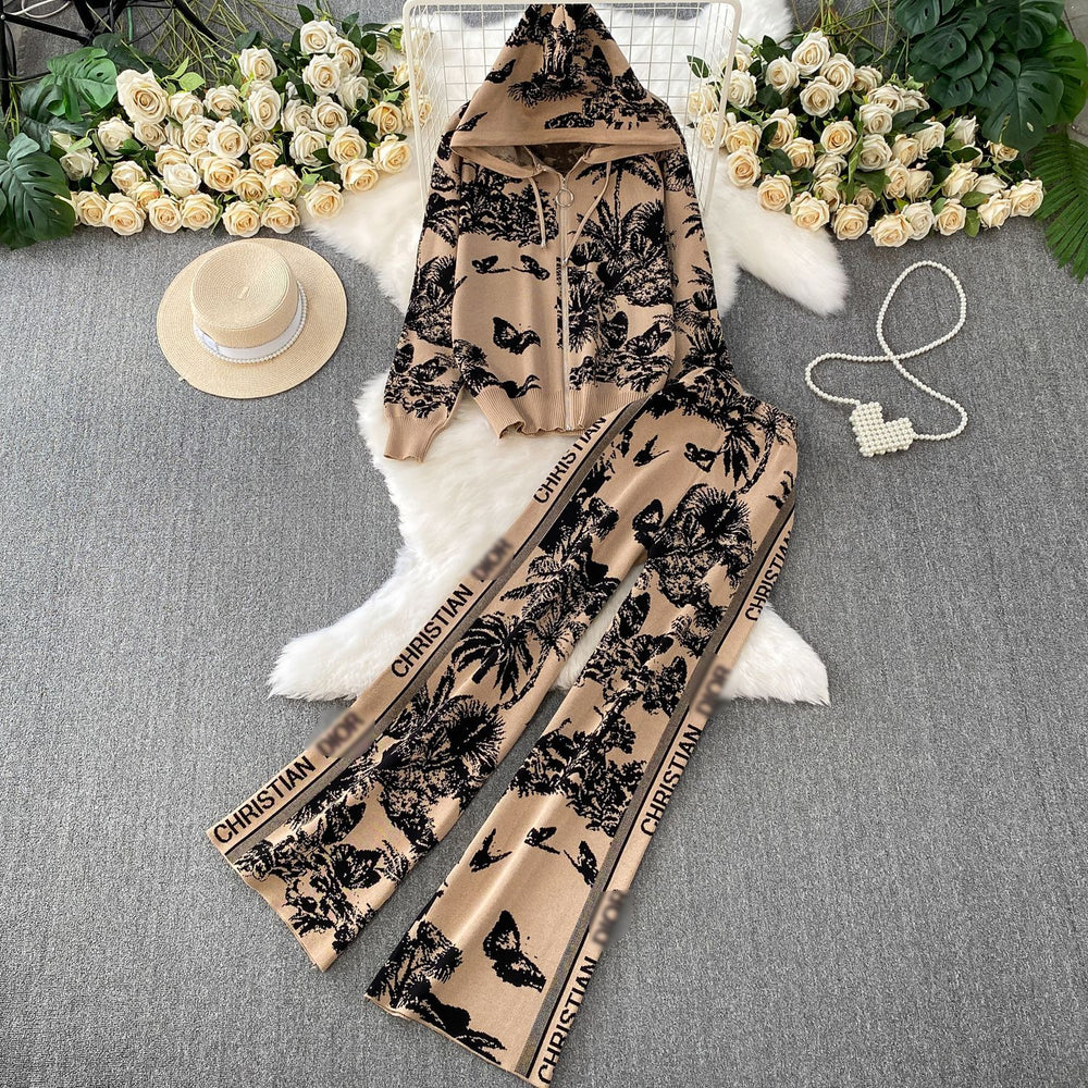 Trendy printed outfit set for women: winter casual zip-up hooded knit sweatshirt jacket with high-waisted, slimming wide-leg pants