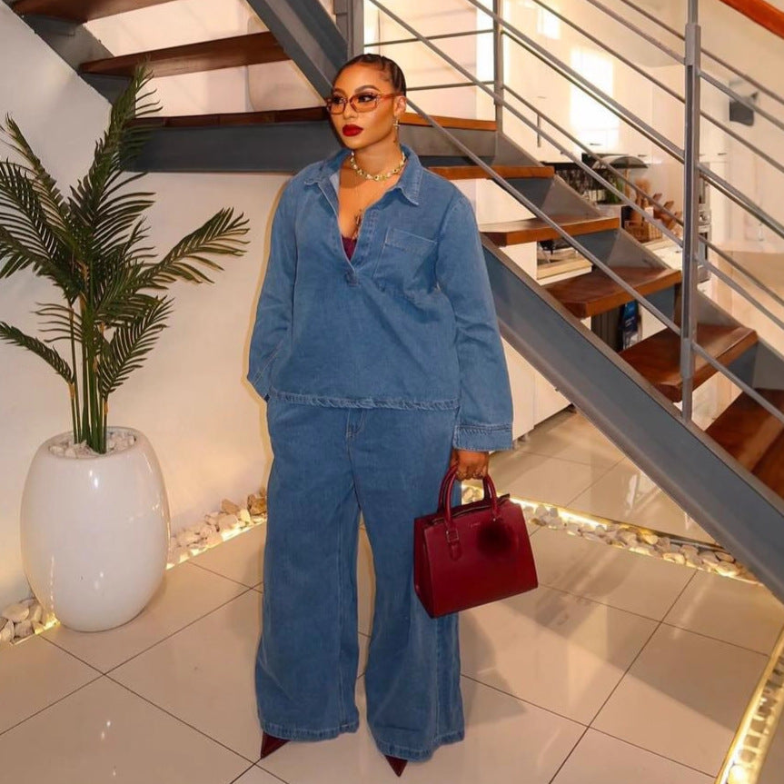 Light mature style classyretro lapel long sleeves denimtops women's  autumn wear high waistcasualloose pantsstraight-leg pants