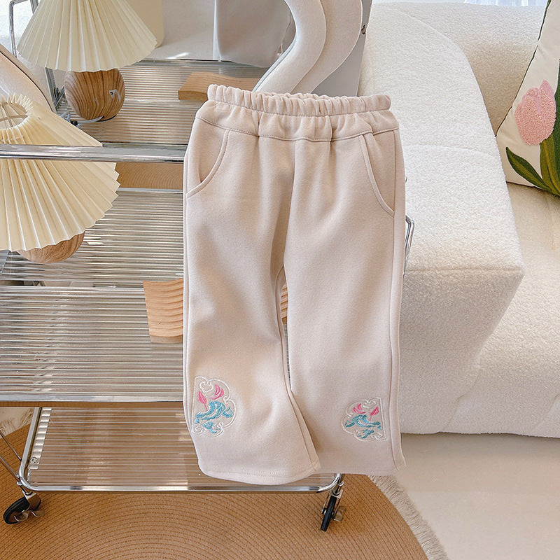 Girls' pants - spring  new collection: chinese style, slightly flared leg, stylish embroidery, available in sizes for toddlers to young girls