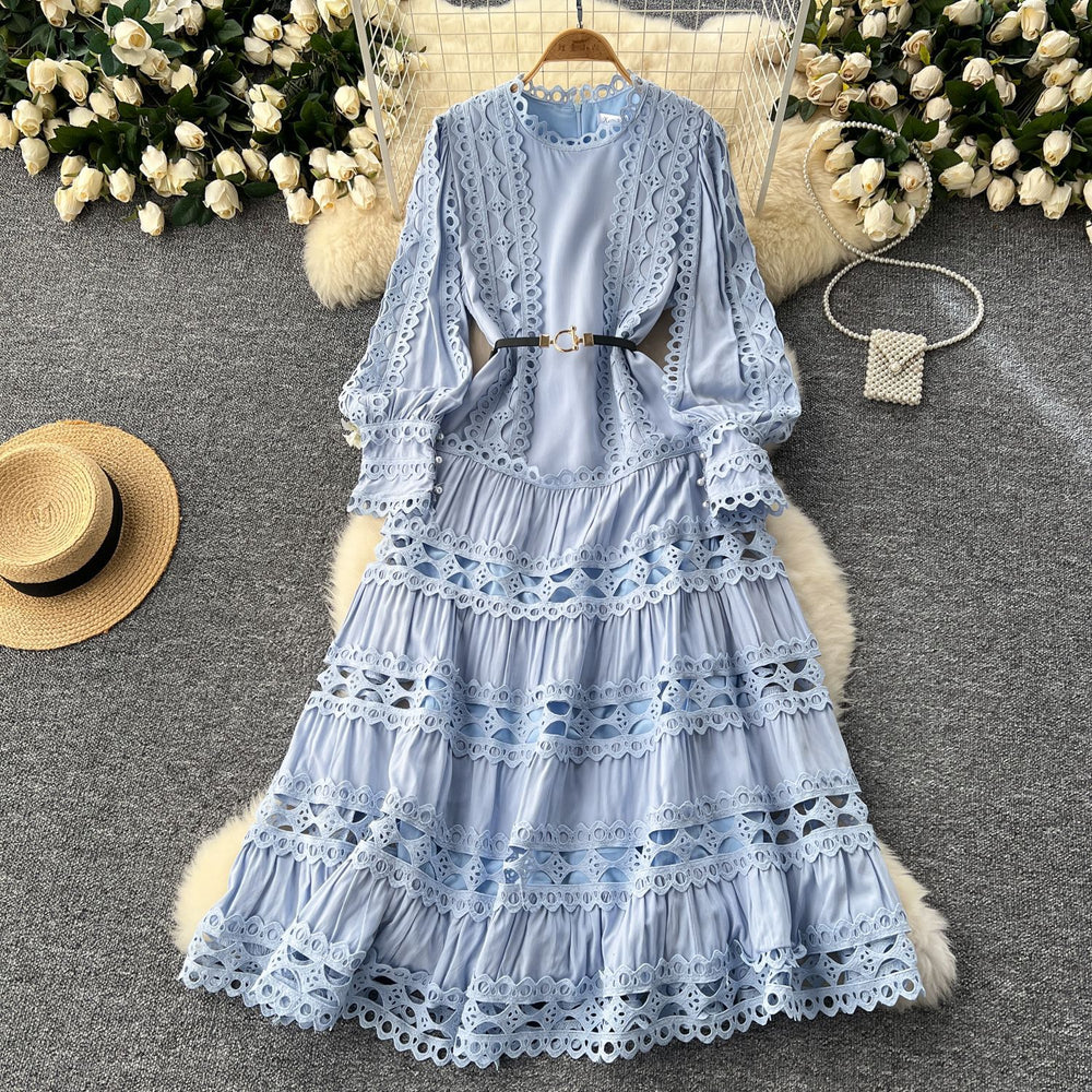 High-end elegant women's evening gown  new collection: court style retro heavily embroidered hollow-out lace patchwork french dress