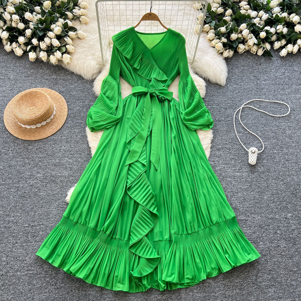 French style socialite issey miyake pleated v-neck long sleeve tie-waist ruffle hem maxi dress - elegant women's flowing dress