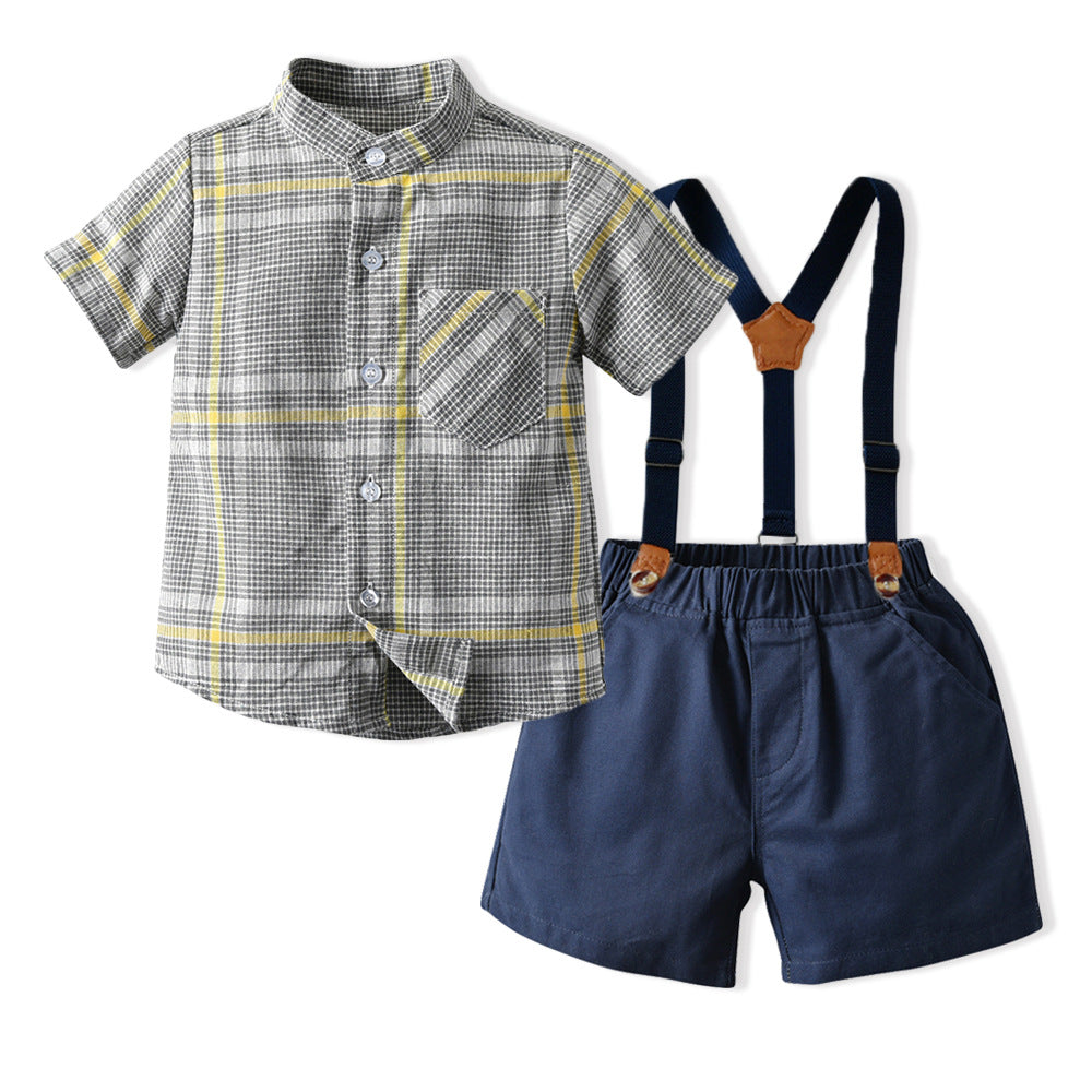 Children's clothing new arrivalsummer boys stripes stand collar short-sleeved shirt overalls boys gentleman dress suit