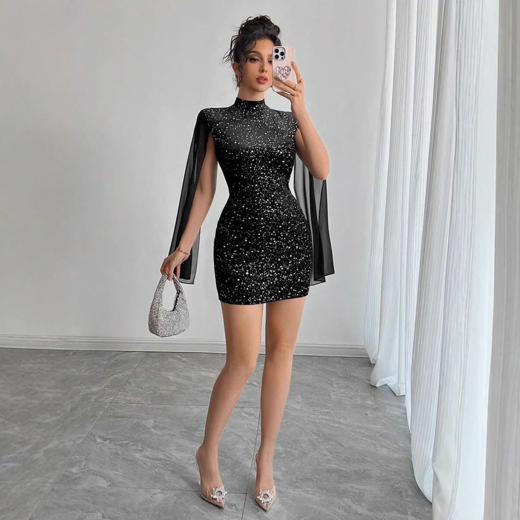 European and American temperament intellectual flash printing stand-up collar flying long-sleeved mesh patchwork elegant short jumpsuit