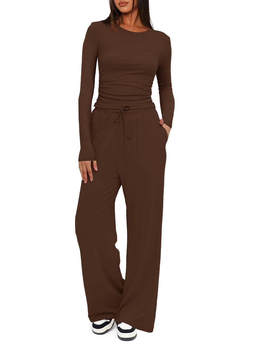 cross-border fashion  new product pure color casuallong sleevessuittopshigh waistloose pants sportswear