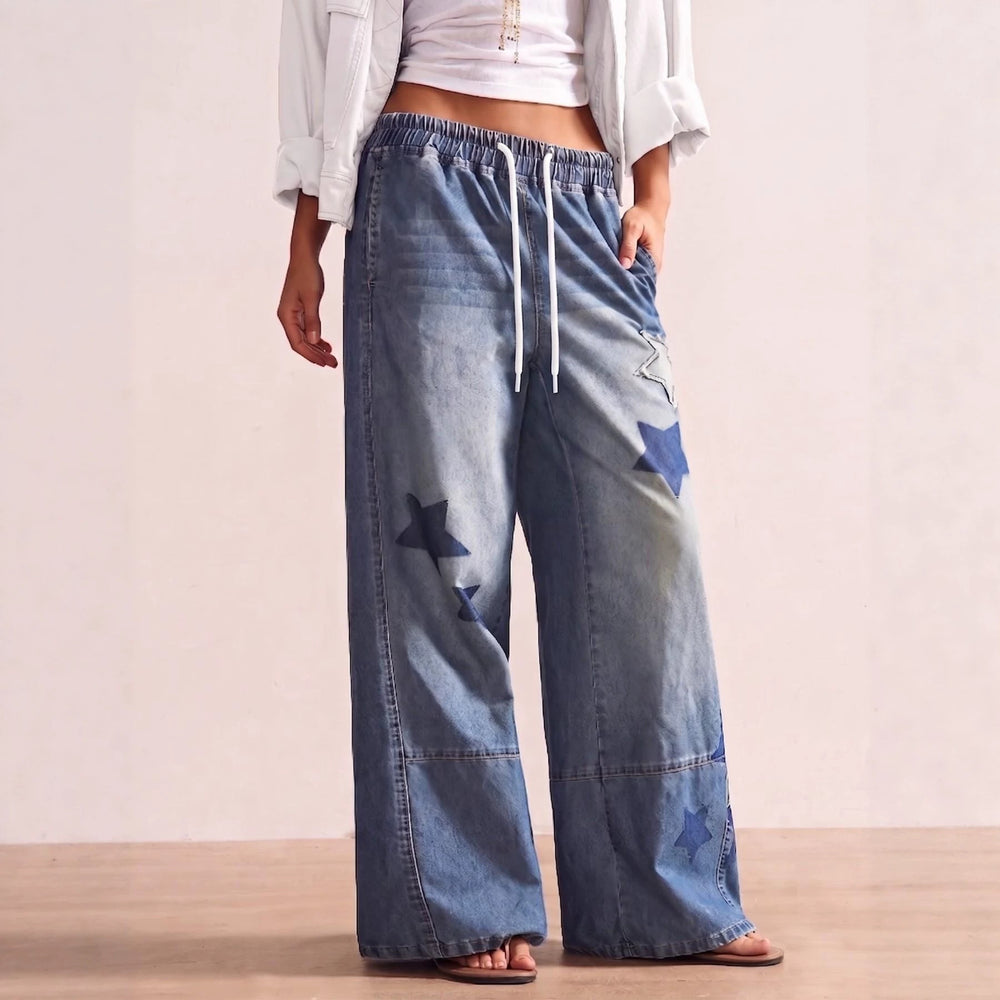 Amazon tiktok pinduoduo foreign trade cross-border fashion women's star patch embroidery drawstring denim wide-leg pants