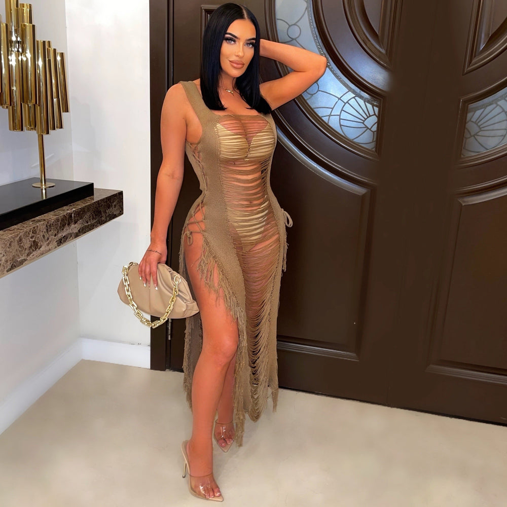 spring/summer new women's dress - european & american sexy cutout beach cover-up with tassel beach skirt