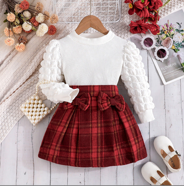 autumn new arrivals: puff sleeve top + plaid midi skirt - european & american style, direct from the manufacturer for cross-border e-commerce, girls' fashion wholesale