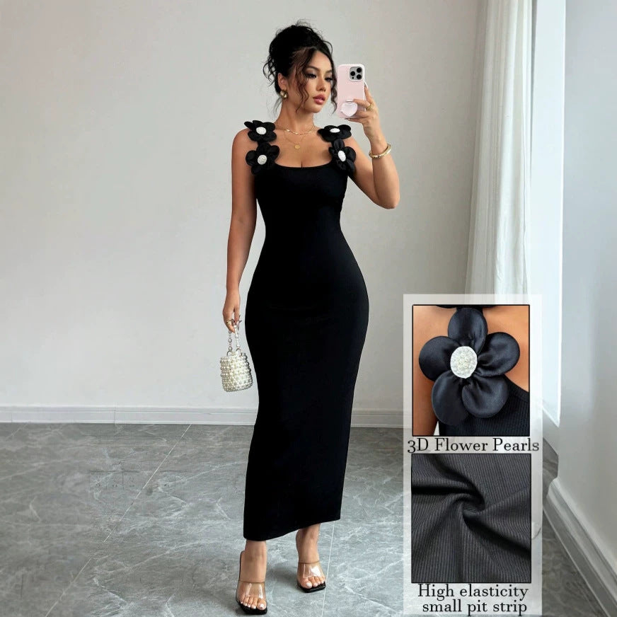 fashion cross-border summer women's three-dimensional pearl strap square neck black slim-fit bodycon dress