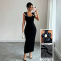 fashion cross-border summer women's three-dimensional pearl strap square neck black slim-fit bodycon dress