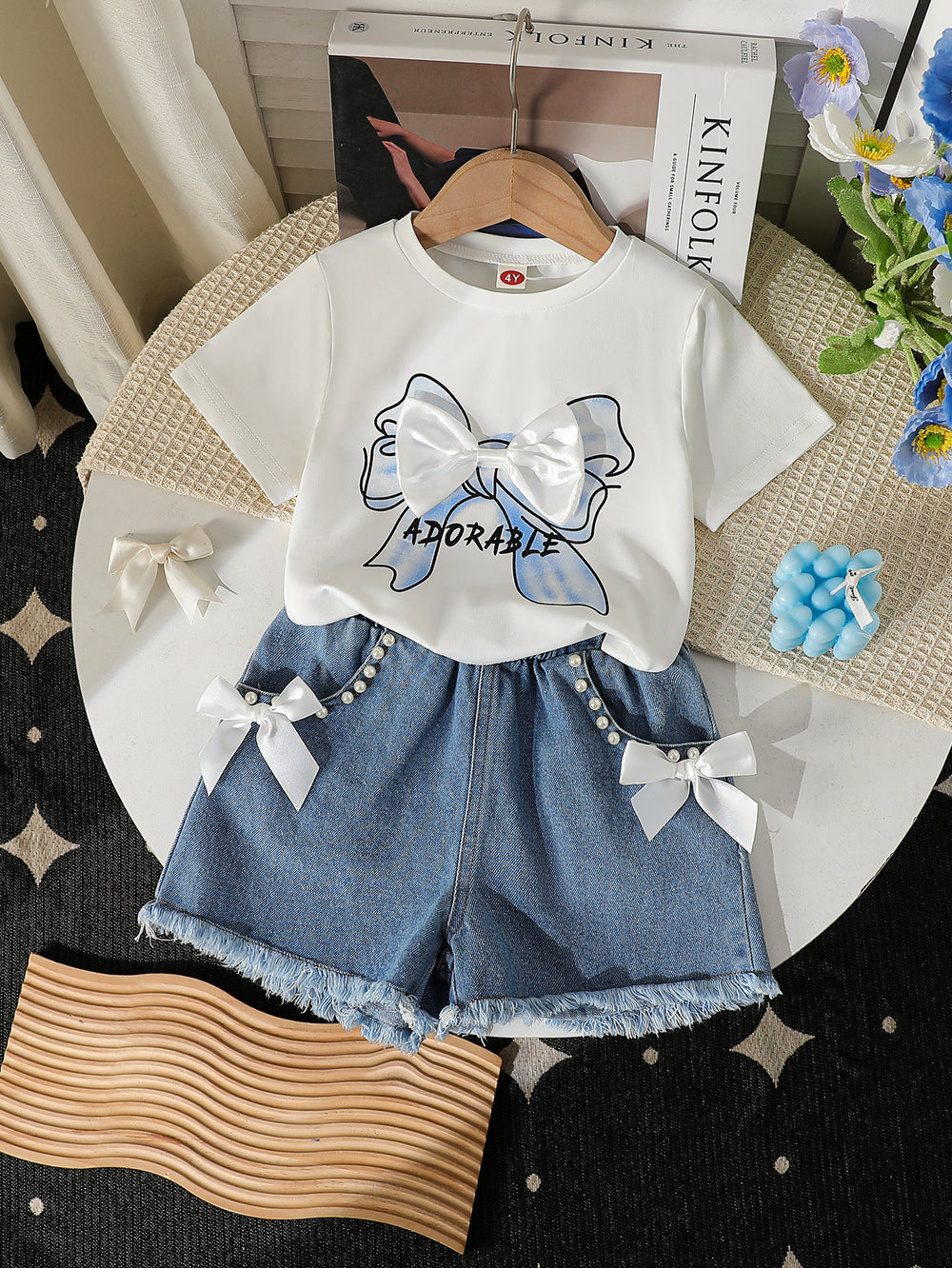new cross-border girls' round neck printed knit top and denim beaded embroidered jeans two-piece set